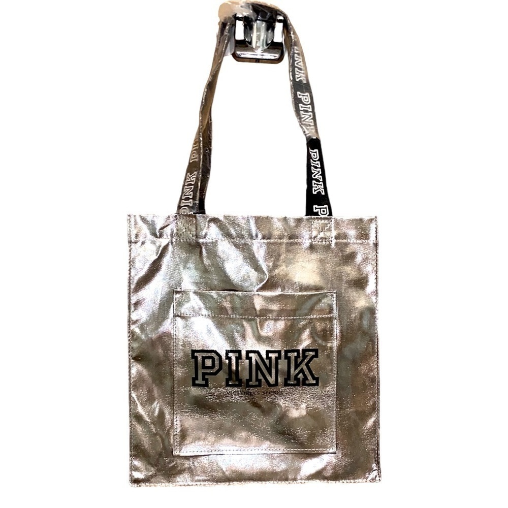 VICTORIA’S SECRET “PINK” Metallic Distressed Silver/Black Small Tote NWT…